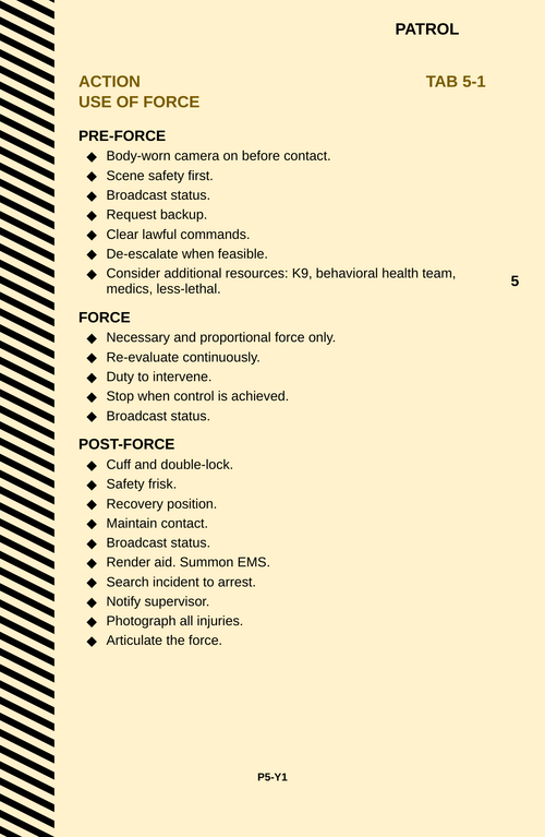 Action tier, immediate steps and memory items for use of force